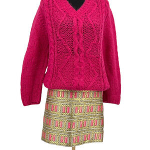 J Mc Laughlin Hot Pink Gold Metallic Jacquard A Line Skirt Size‎ 8
